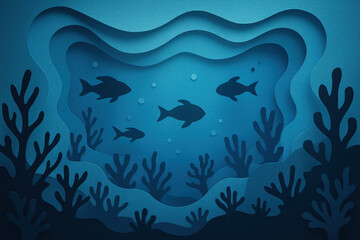 Naklejka premium Whimsical underwater ocean scene featuring layered paper cut style blue deep sea with fish silhouette and coral reef creating peaceful and calm marine atmosphere for summer adventure background