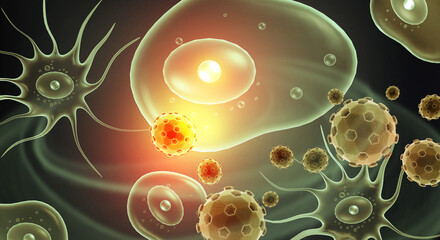 Conceptual image for educational use, contrasting the different sizes and structures of common pathogens: bacteria, viruses, and amoebas. 