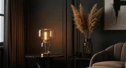 Interior scene with illuminated lamp, pampas grass, and dark wood paneling
