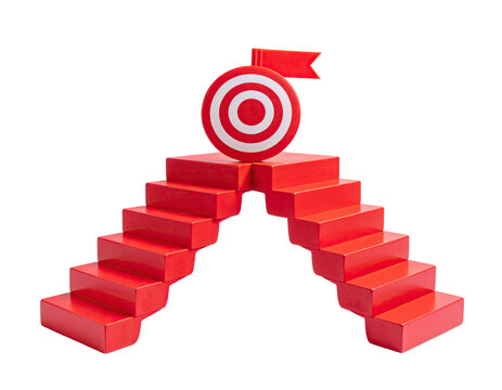 A red staircase formation leading to a bullseye target with a flag on black background
