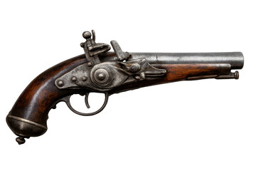 Antique Flintlock Pistol on transparent background, Pirate Era Weapon