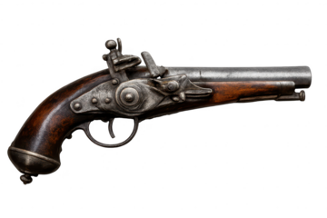 Antique Flintlock Pistol on transparent background, Pirate Era Weapon