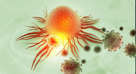 Conceptual 3D rendering showing the mechanism of a viral infection within a host cell, specifically focusing on a cancer cell environment. 