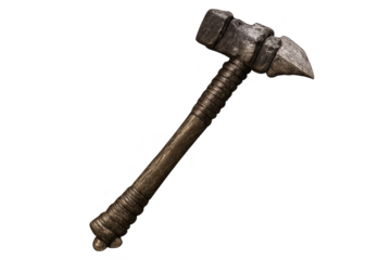 Forged metal hammer on transparent background, old and very used.