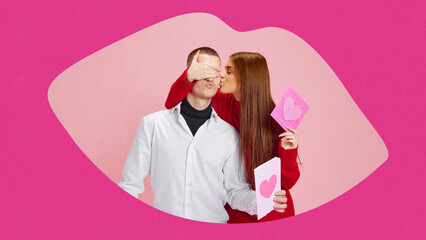 Modern mixed media of couple with greeting cards. Concept of Saint Valentine Day advertising for...