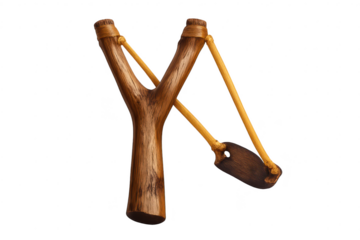 Vintage wooden slingshot on transparent background for your designs.