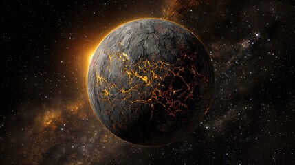 A celestial sphere fractured by molten rock, bathed in cosmic light, set against a star field