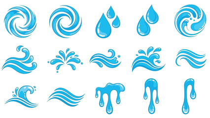 Fototapeta premium Collection of stylized blue water splash, wave, droplet, and liquid icons