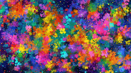 Bright colorful spring flower garden positive emotion abstract art illustration multicolor neon watercolor paint texture dark background artistic eye catching cheerful dynamic hand drawn