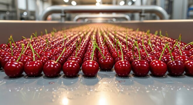 Fresh Red Cherries Arranged on an Industrial Processing Conveyor Line Machine - Powered by Adobe