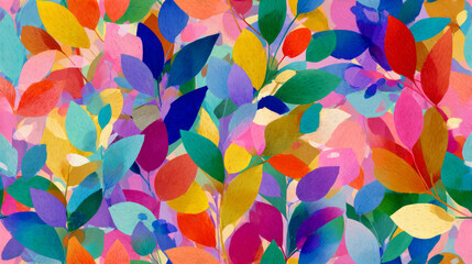 Bright happy colorful lush spring leaves positive emotion abstract art illustration multicolor rich watercolor paint texture nature background artistic eye catching cheerful dynamic hand painted