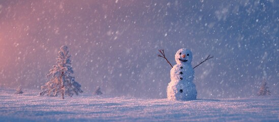 Snowy winter scene with a smiling snowman, trees, and falling snowflakes. Soft light