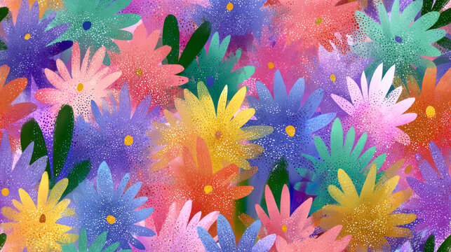 Bright colorful seamless pattern repeating floral spring positive emotion big retro flowers cheerful dynamic texture open petals garden happiness party art background