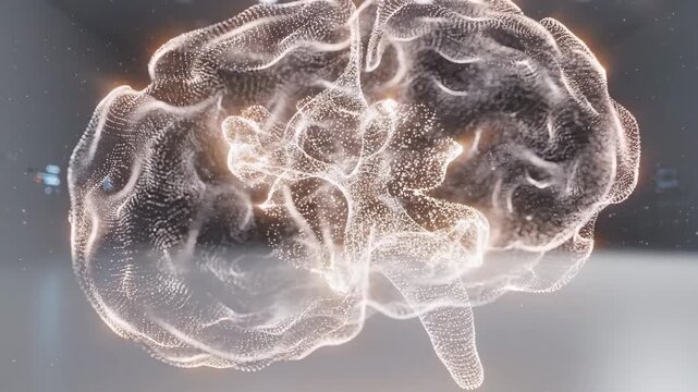 Futuristic 3D digital brain hologram glowing in a high-tech laboratory environment with soft ambient lighting, showcasing intricate neural networks and dynamic light patterns in a modern scientific