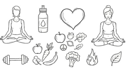 Women practicing yoga surrounded by healthy food and fitness elements in a serene environment