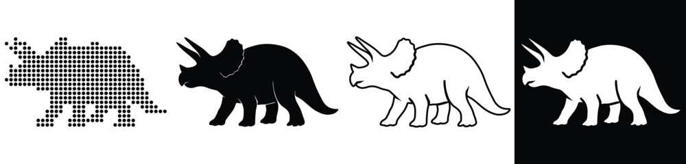 Obraz premium Four stylized triceratops dinosaurs in grayscale and silhouette