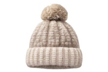Beige Knit Winter Hat with Pom-pom on a transparent background Image