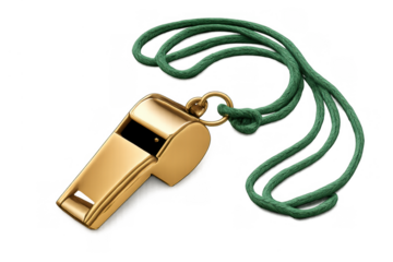 Gold whistle with a green lanyard for sport refereeing, coaching, and whistleblowing, transparent background