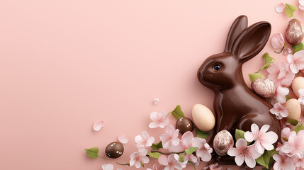 Chocolate Easter Bunny Surrounded by Decorative Eggs and Spring Flowers on Soft Pastel Background, Elegant Easter Holiday Composition for Seasonal Advertising, Branding, and Festive Design