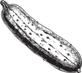 cucumber rendered as a minimal black vector outline with elongated cylindrical body and subtle surface details