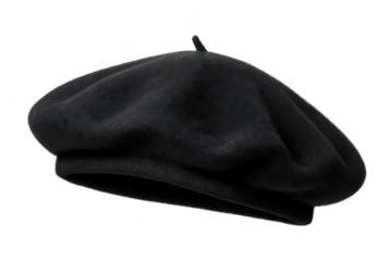 Elegant black beret with transparent background for graphic design uses.