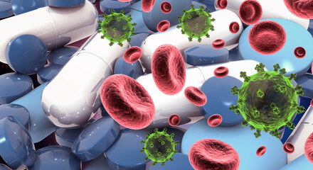 Virus particles on a background of medical pills and capsules. Conceptual illustration of antiviral treatments, drug resistance, and pharmacology. 3d illustration