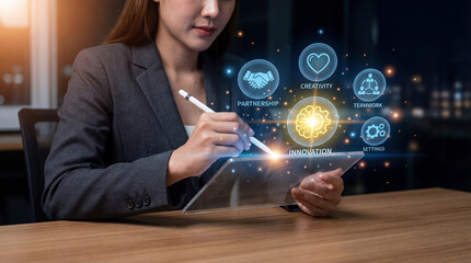 Business innovation concept with professional woman using digital tablet and virtual collaboration icons.