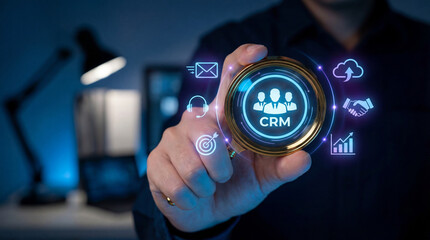 Customer relationship management with business professional holding digital interface for sales growth and customer data analysis.