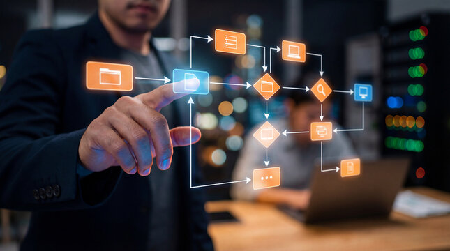 Digital workflow automation with business professional interacting with process diagram interface. - Powered by Adobe