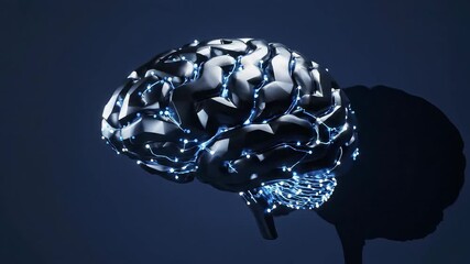 Futuristic metallic human brain model illuminated with glowing blue neural network connections symbolizing artificial intelligence advanced technology complex thought processes and the future of digi. - Powered by Adobe