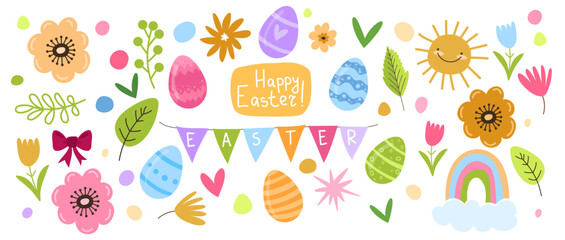 Easter Vector Clip Art Collection with Eggs and Floral Elements, Spring Flowers.