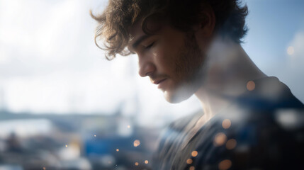 A shipyard worker silhouette double-exposed with steel hull sections and welding sparks, representing heavy industry craftsmanship and large-scale manufacturing. cinematic color correction, natural