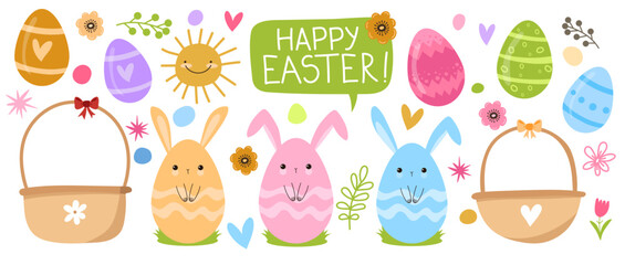 Easter clipart collection featuring bunny-shaped eggs, baskets, and spring flowers with Happy Easter greeting speech bubble.