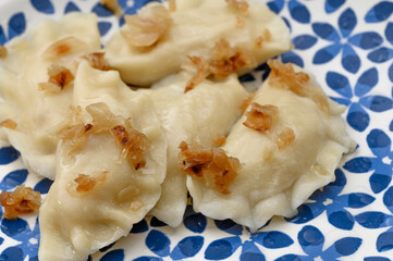 Pierogi ruskie with onion and bacon filling, full plate