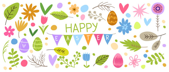 Easter clipart collection featuring bunny-shaped eggs, baskets, and spring flowers with Happy Easter greeting speech bubble.