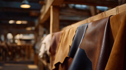 Naklejka premium Workshop scene with rolls of leather hides hanging on racks, natural textures and color variations emphasizing raw materials and sustainable sourcing. cinematic color correction, natural uneven