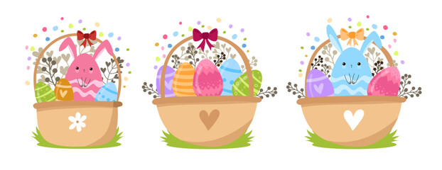 Set of three Easter baskets with colorful decorated eggs, cute bunny ears, and spring botanical elements on white background.