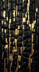 Charred wood surface features vertical cracks highlighted with striking metallic gold accents