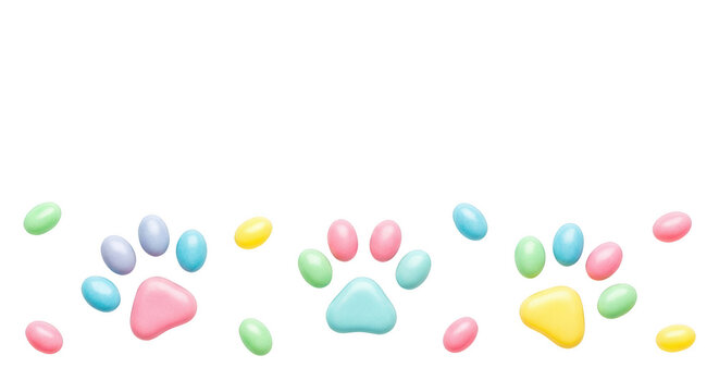 Pastel colored candy paw prints and scattered jelly beans on png isolated transparent background black background