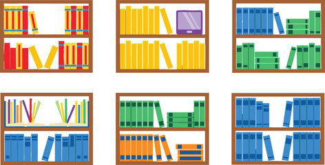 Colorful Bookshelves with Varied Arrangements of Multicolored Books and Tablet Displayed in a Library or Study Room Interior for Education Concept © Yeasrin