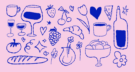 Vector hand drawn quirky doodle illustration, wine party, menu bar cover, party invitation banner