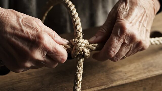 Old hands tying a rope knot