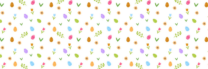 Easter Vector Background Banner with Colorful Eggs, Spring Flowers, and Green Leaves on a White Background. Festive Horizontal header for Seasonal Greeting Cards and Website Decor.