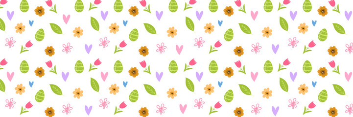 Easter Holiday Vector Background Banner with Colorful Eggs, Spring Flowers, and Green Leaves on a White Background. Festive Horizontal header for Seasonal Greeting Cards and Website Decor.