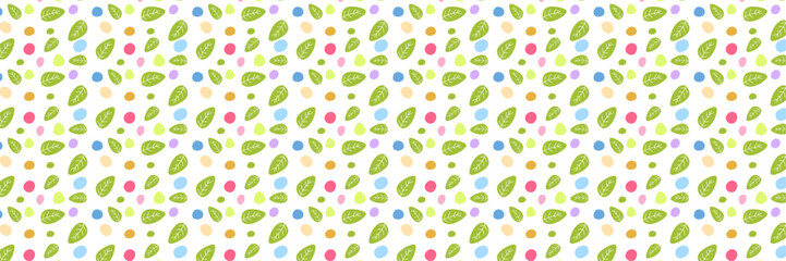Easter Holiday Vector Background Banner with Colorful Eggs, Spring Flowers, and Green Leaves on a white background. Festive Horizontal header for Seasonal Greeting Cards and Website Decor.