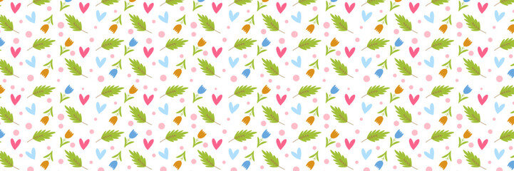 Easter Holiday Vector Background Banner with Spring Flowers and Green Leaves on a White background. Festive Horizontal header for Seasonal Greeting Cards and Website Decor.