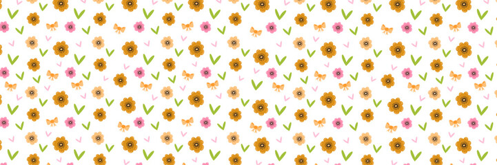 Easter Holiday Vector Background Banner with Colorful Eggs, Spring Flowers, and Green Leaves on a white background. Festive Horizontal header for Seasonal Greeting Cards and Website Decor.
