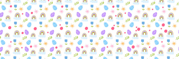 Easter Holiday Vector Background Banner with Colorful Eggs, Spring Flowers, and Green Leaves on a white background. Festive Horizontal header for Seasonal Greeting Cards and Website Decor.