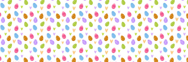 Easter Holiday Vector Background Banner with Colorful Eggs, Spring Flowers, and Green Leaves on a white background. Festive Horizontal header for Seasonal Greeting Cards and Website Decor.