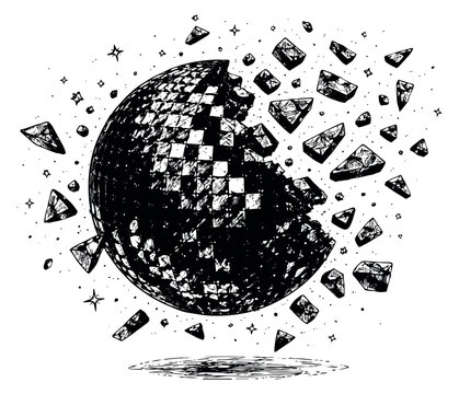 Hand drawn line art illustration of a shattering disco ball depicting flying fragments for a party celebration